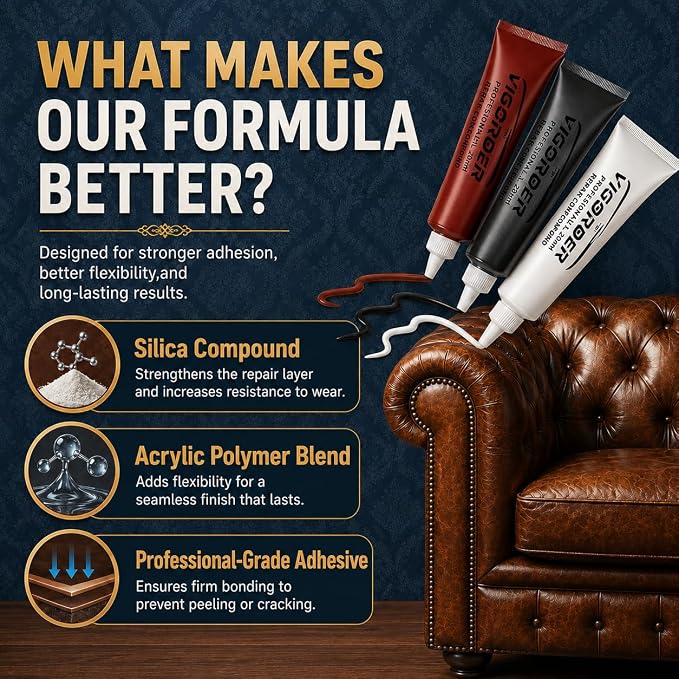 Vigorder Leather Repair Kit for Furniture, Vinyl Repair Kit for Car Interior, Sofa, Purse and Jacket, Restore Any Material with Super Easy Instructions to Fix Scratches, Tears, Holes, Peeling