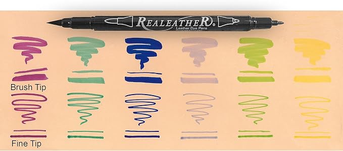 Realeather F2400-03 Leather Dye Pens, Double Sided with Fine and Brush Tips, Landscape Colors, 6-Pack