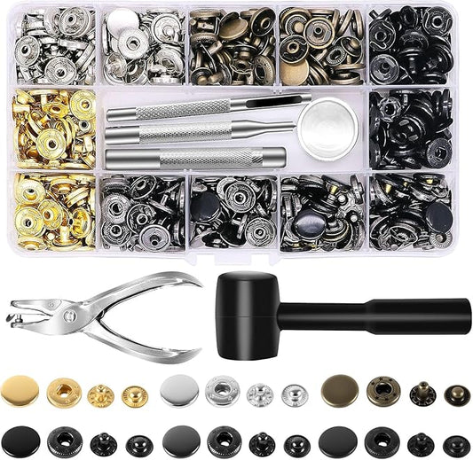 Alritz 120 Sets Leather Snap Fasteners Kit with Hammer Puncher, 12.5mm Metal Button Snaps Press Studs with 4 Setter Tools for Clothes, Jackets, Jeans Wears, Bracelets, Bags