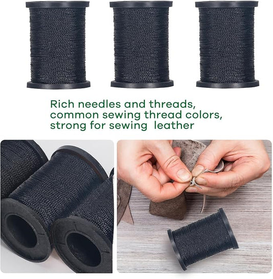 3-Spool Nylon Thread for Sewing, Each 80 Yards Thick Thread Kit Include Sewing Awls & 7 Needles for Hand Sewing, Upholstery Thread & Needle for Repairing Leather, Shoes, Furniture, Black