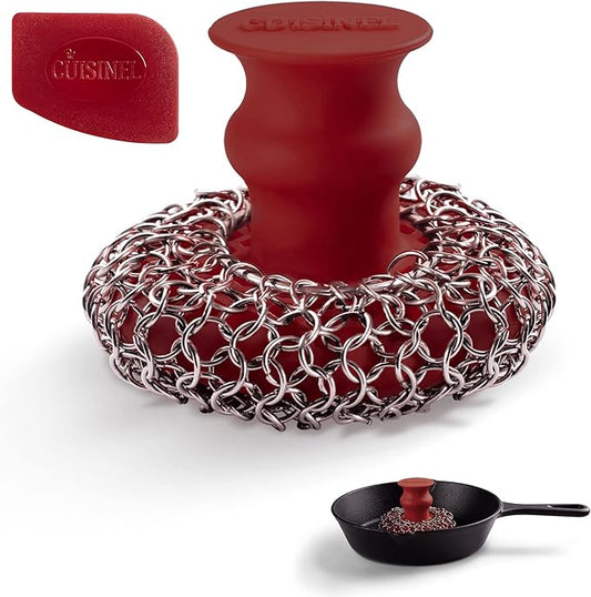 Cuisinel Cast Iron Chainmail Scrubber + Pan Scraper - Deluxe Ergonomic Stainless/Silicone Pot and Skillet Cleaner - Food-Safe Design - Easy to Clean Dishwasher Safe Cookware - Kitchen Sponge Accessory