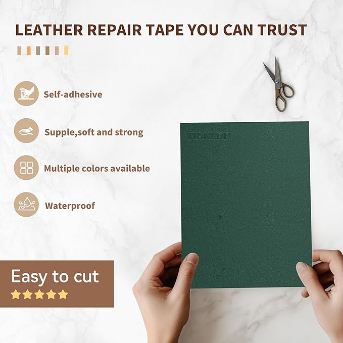 TIANLDD Leather Repair Tape,16 x 80 Inches Self Adhesive Leather Repair Patch，Leather Repair Kit for Furniture，Couches,Car Seats,Cabinets,Handbags(Dark Green-Fine Lines)