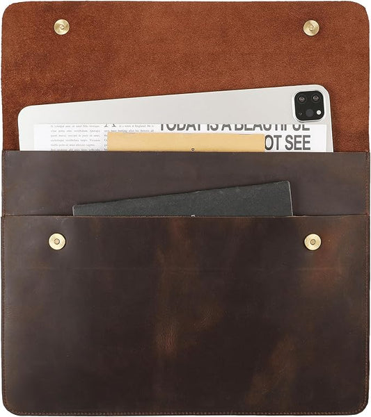 Leather Tablet Sleeve - 11/12.9/13 Inch iPad Pro Sleeve, Document Holder Folio File Holder, Genuine Leather iPad Case for Protection and Style-Dark Khaki