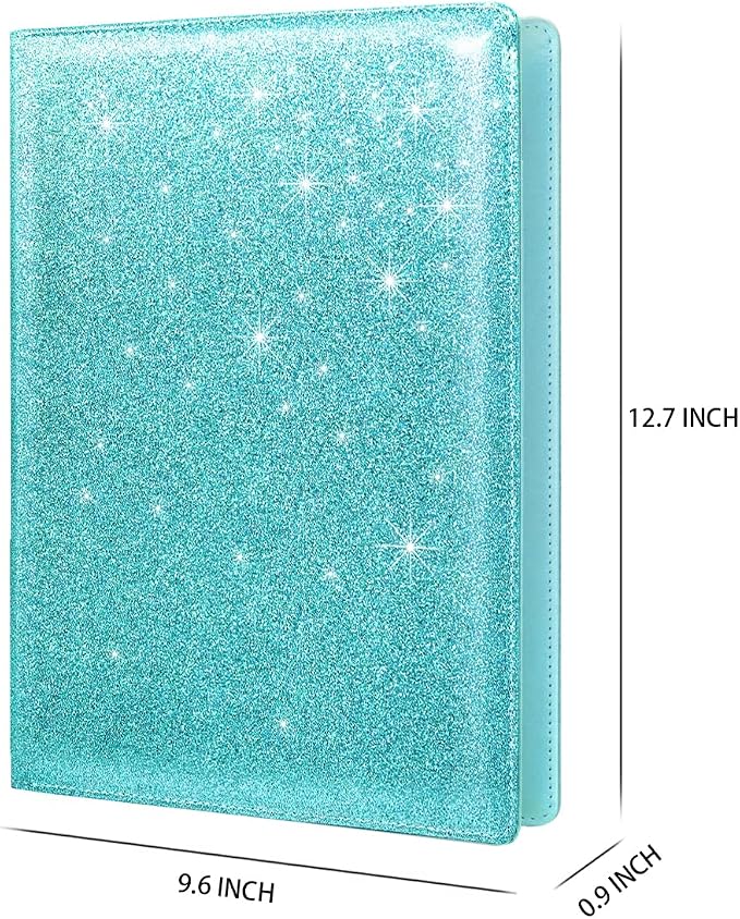 Glitter Portfolio Case for Women, Padfolio Cover for Women, Conference/Resume/Legal Document Organizer with Letter/A4 Size Clipboard Hardboard, Business Card Holders, Blue+Green