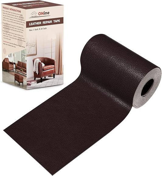 ONine Leather Repair Patch，Leather Repair Tape, 3 x 60 inches Leather Repair Patch for Furniture,Vinyl Repair Kit，Leather Couch Patch，for Sofas, Furniture, Car Seats, Office Chairs(Dark Reddish Brown)