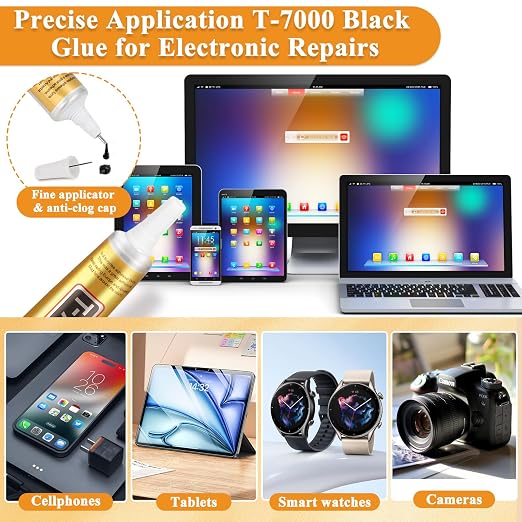 T-7000 Black Glue Adhesive, 4 x 15ML T7000 Adhesive Glue with Tweezers Precision Repairs Glue for Cell Phone Screen Electronics DIY Jewelry Making Crafts