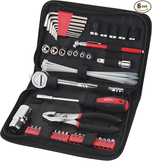 Apollo Tools 56 Piece Compact SAE Auto Tool Set in Zippered Case, Small Mechanic Tool Set for Car Emergency, Motorcycle Repair on the Road, Great for Travel Tool Needs - Red - DT9774 (Pack of 6)