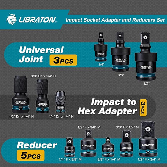 LIBRATON Impact Socket Adapter and Reducer Set 11PCS, Socket Adapter Reducers, Swivel Socket Adapters, Impact to 1/4 Hex Converters, Impact Wrench Adapters for Automotive Repair, with Blow Molded Box