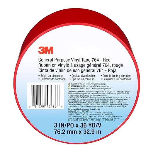3M Vinyl Tape 764, General Purpose, 3 in x 36 yd, Red, 1 Roll, Light Traffic Floor Marking Tape, Social Distancing, Color Coding, Safety, Bundling