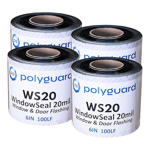 POLYGUARD WindowSeal Window and Door Flashing Tape, 6 in x 100 ft Roll, 20 mil Thick, Self-Sealing & Self-Adhering Waterproof Barrier, Pack of 4