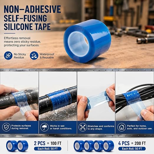 200ft Double Sided Self-Cling Amazing Tape, Non-Adhesive Reusable Vinyl Wrap Tape, Heavy Duty for Plumbing Repairs, Crafts, Sewing, Workshop and Daily Use(Total 200ft)