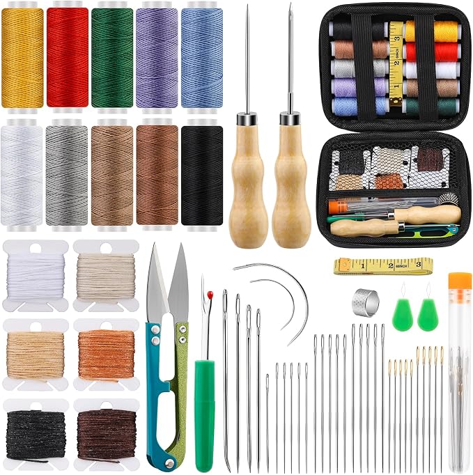 Tikjiua 59 Pcs Leather Sewing Kit Upholstery Needle for Hand Sewing, Heavy Duty Sewing Kit with Upholstery Waxed Thread Stitching Needles, Needle and Thread Kit for Carseat Backpack Carpet Shoes Sofa
