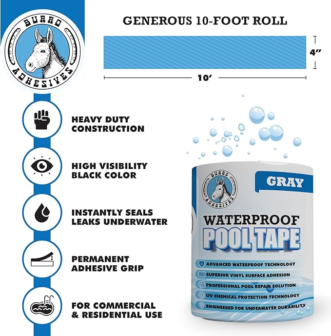 Burro Adhesives Professional Waterproof Gray Pool Tape 4" x 10' – Heavy Duty PVC Vinyl Pool Repair for Underwater & Dry Applications, Matches Gray Shade, Slate & Stone Liners, Instantly Seals Leaks