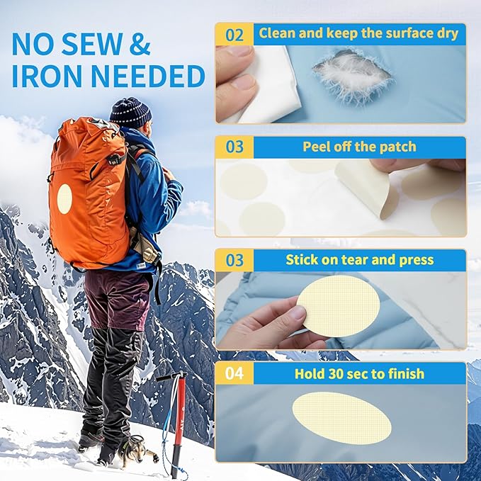 Waterproof Self-Adhesive Nylon Patches for Tent Repair Kit, 24pcs Outdoor Gear Tenacious Repair Tape, Fabric Patches for Clothes, Down Puffer Jacket, Tent, Sleeping Bag, Backpack, White