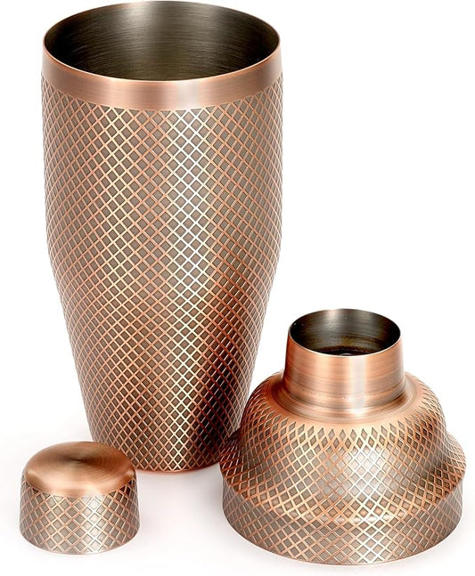 Barfly 3-Piece Diamond Lattice Etch Japanese Cocktail Shaker Set (24 Oz/700ml), Antique Copper