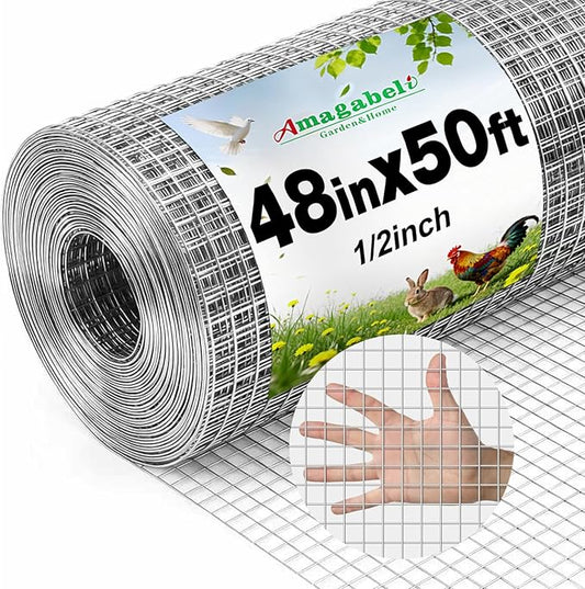 Amagabeli Galvanized Hardware Cloth 1/2 inch 48inx50ft 19 Gauge Chicken Wire Fence Welded Wire Mesh Roll Plant Supports Poultry Netting Garden Bed Animal Cage Snake Rabbit Wire Gopher Rodent Proof