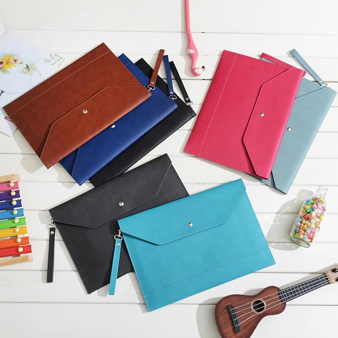 Wonderpool Envelope Case A4 PU Leather File Jacket Pocket Folder Document Case Bag with Removable Hand Strap and 4 Pocket for Documents Tablet Phone Stationery (Black)