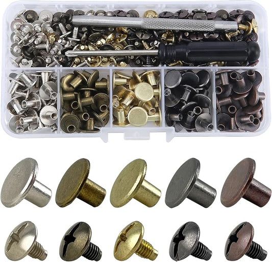 YORANYO 125 Sets Mixed Colors Round Flat Head Chicago Screws for Leather Crafting - Rivet Kit for Clothing, Shoes, Belts, Bags - 25/64 Inch Button Studs