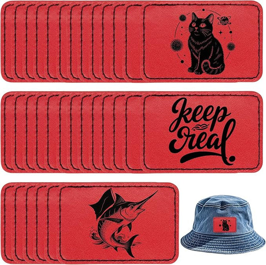 50 Pack Blank Leatherette Hat Patch with Adhesive, Rectangle Laserable Leatherette Patch, Faux Leather Patches for Hats Custom Fabric Repair Sew Laser Supplies (Red)