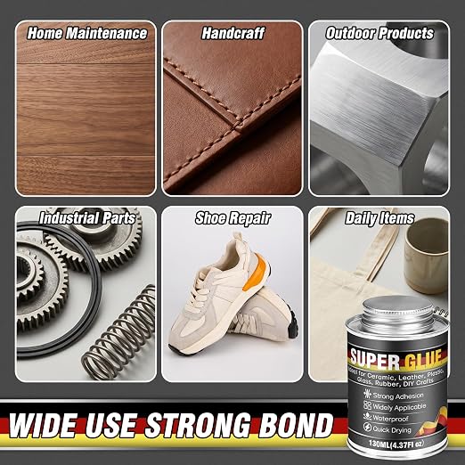 Super Glue, Super Glue All Purpose with Built-in Brush Applicator,130ml Quick Dry Waterproof Adhesive, Superglue for Shoes, Wood, Leather, Rubber, Plastic, Metal (130, Milliliters)