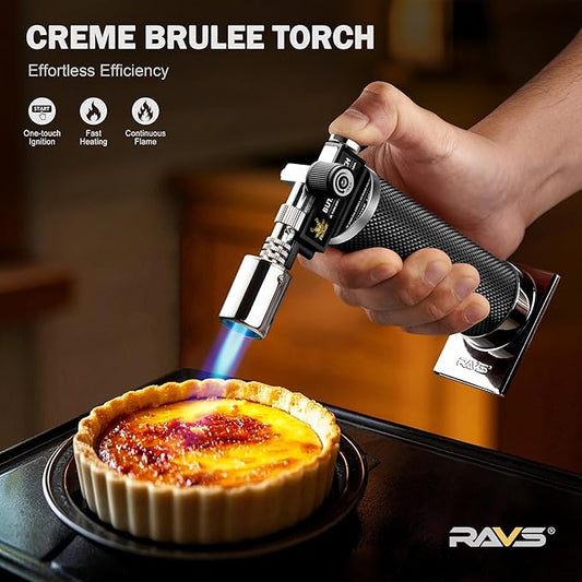 RAVS Butane Torch Lighter, Premium Metal Kitchen Torch with Adjustable Flame & Safety Buckle, Refillable Creme Brulee Torch for Baking, BBQ, DIY, Resin Art, Black, Butane Gas Not Included