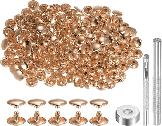 HARFINGTON 100 Sets Leather Rivets 8 x 12mm Metal Double Cap Rivet Snaps Studs Fasteners with 3pcs Setting Tools for Leather Craft DIY Repair Decoration, Light Gold Tone