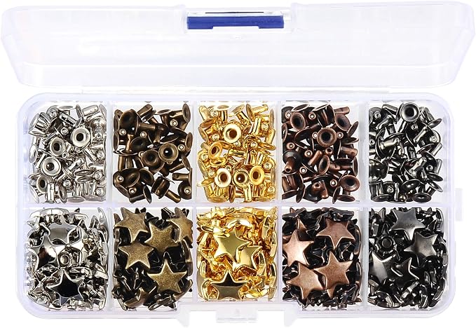 200 Sets 12MM Mixed Color Star Rivets for Leather Star Rivet Studs Kit Garment Rivets Leather Rivets Studs and Spikes for Leather Craft Clothing Bags Belts Dog Collar Shoes DIY Rivets 15/32 Inch