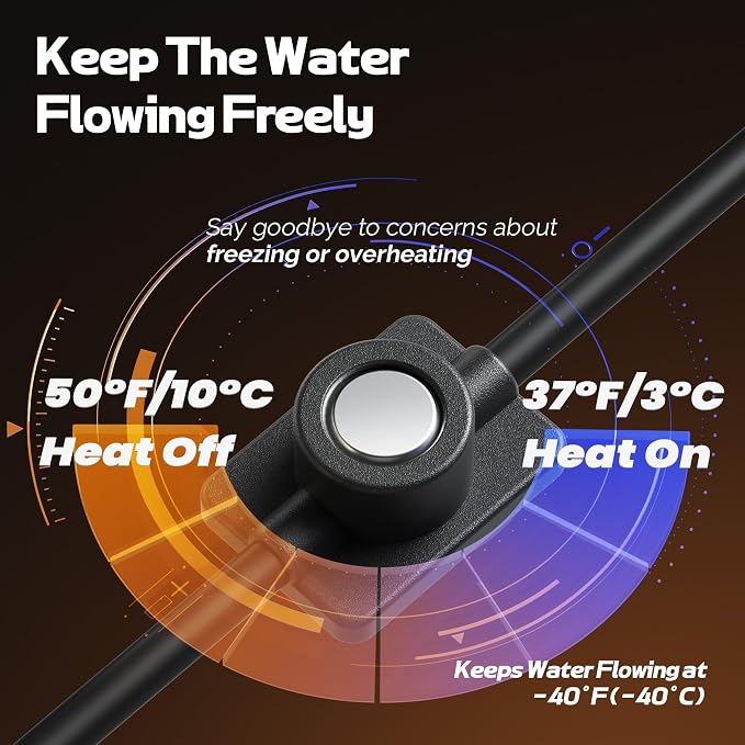 Heat Tape for Water Pipes with Thermostat, Anti-Freeze, Electric Heat Tape, Keeps Water Flowing at -22℉/-30℃, 25FT, Black, Listed 120V