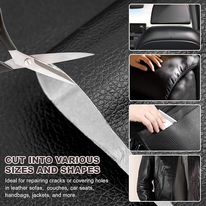 2 PCS PU Leather Patch for Car Seat Repair, 8 × 4 Inch Waterproof Auto Upholstery Cuttable Patches, Self-Adhesive Seat Leather Tape Portable Repair Kit for Vehicles (Black)
