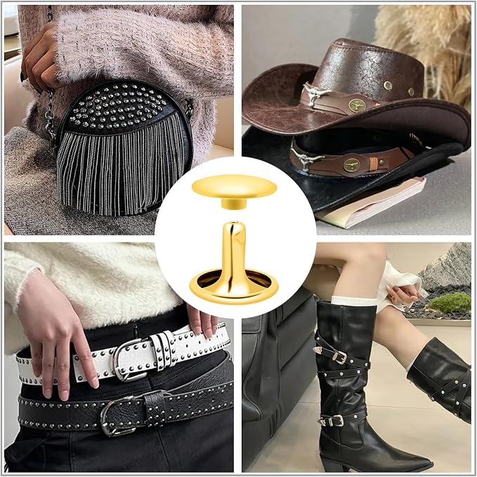 CooBigo 200Sets 12mm Double Round Cap Leather Rivets, Tubular Metal Rivets Spikes Studs, Leather Rivets for Leather Key Fob Clothing Pets Collar Boots Bags Belt Repair and Decoration (Gold)