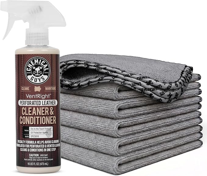 Chemical Guys Perforated Leather Cleaner and Microfiber Towel Bundle, VentRight Leather Cleaner Conditioner 16 oz with Gray Everyday Cleaning Towels 6 Pack for Car Interior Detailing