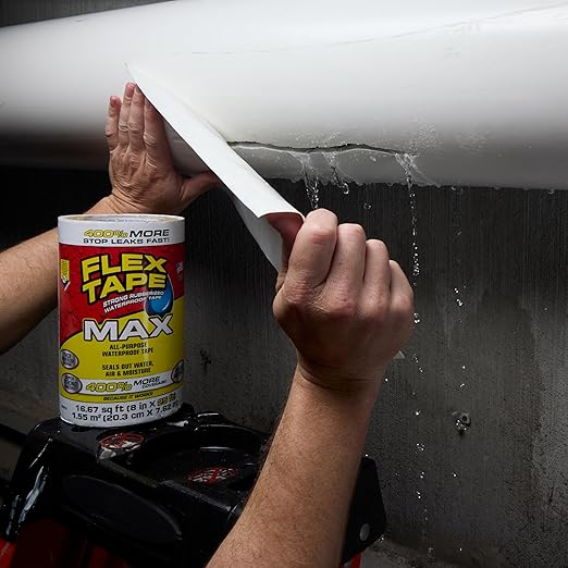 Flex Tape, Original Thick Flexible Rubberized Waterproof Tape - Seal and Patch Leaks, Works Underwater, Indoor Outdoor - Home RV Roof Plumbing and Pool Repairs, White, 12 in x 10 ft, Pack of 2