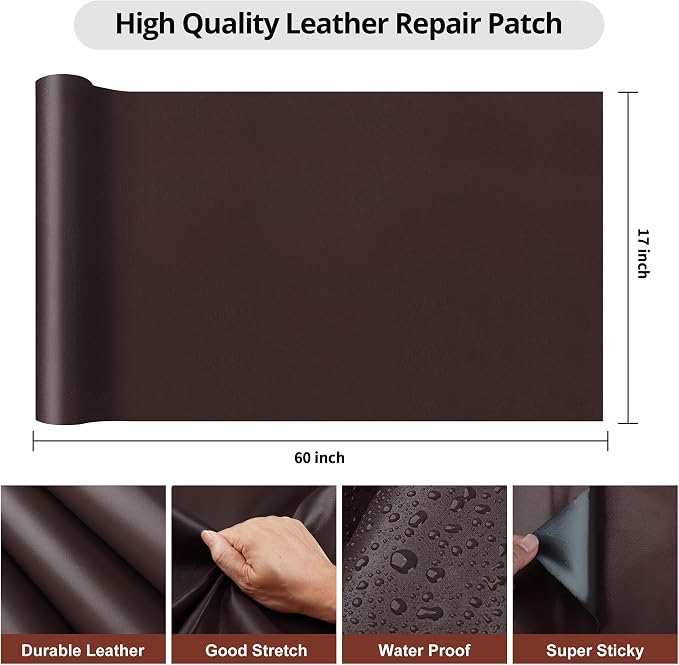 Leather Repair Patch Tape, 17x60 inch Large Self Adhesive Leather Repair,Vinyl Repair Patch Kit for Couches, Car Seats, Chairs, Furniture 17X60 inch, Dark Brown