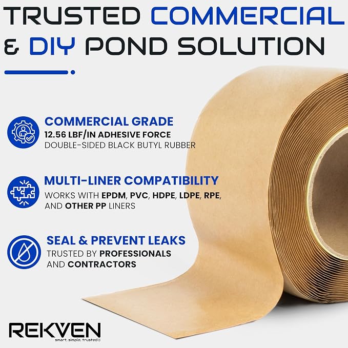 Pond Liner Seam Tape Kit - 30 Feet x 3 Inch - Double Sided Butyl Tape - Bond Seal or Repair EPDM PVC HDPE LDPE RPE LLDPE - Perfect for Small or Large Fish and Koi Ponds (Kit - Roller & Sponge)