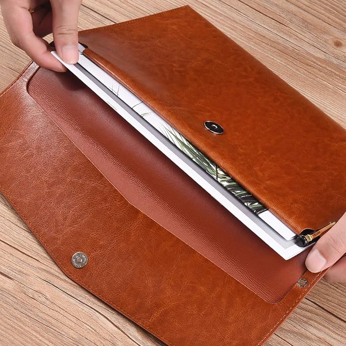 PU Leather A4 File Folder Document Holder Envelope Folder Case with Snap Closure for Receipt Contract Brown