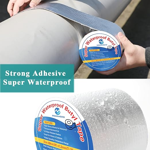 MEANHDAG Super Waterproof Butyl Tape and Patch for Seal Repair, Adhesive Duct Tape with Aluminium for Pool Metal RV Roof Pipe Awning Hose Window, 4 in by 16-1/2 FT