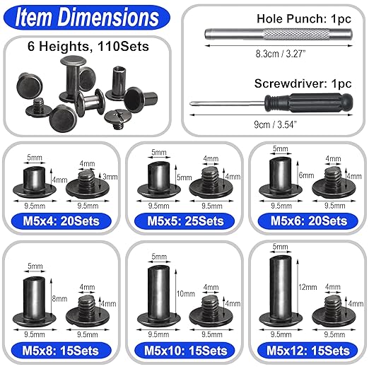 YORANYO 110Sets Chicago Screws Leather Rivets Assorted Screw Rivets Chicago Binding Screws for Decorate and Repair Leather Craft Belt Bag Shoes Purse Bookbinding (Gunmetal Black, M5*4,5,6,8,10,12)