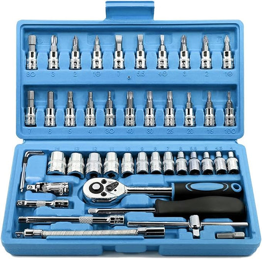 Egofine 46 Pieces 1/4 inch Drive Socket Ratchet Wrench Set, with Bit Socket Set Metric and Extension Bar for Auto Repairing and Household, with Blue Storage Case