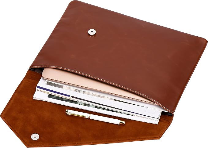 Vintage Leather 13.5" Business Clutch Envelope Bag Documents Certificate Laptop Sleeve Case Office File Folder (Orange)