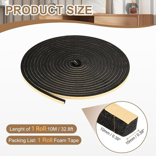 PATIKIL Foam Insulation Tape, 3/8" W x 3/8" t x 32.8FT Self Adhesive Weather Stripping Door Seal Strip for Door Window Air Conditioning, Black