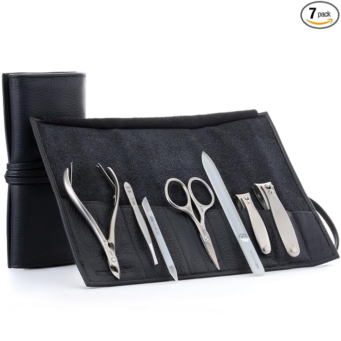 GERMANIKURE 7pc Manicure Set in Black Leather Case - FINOX Stainless Steel Tools Made in Germany, Glass Nail Care Supplies Made in Czech Republic – Professional Cuticle and Nail Care Kit