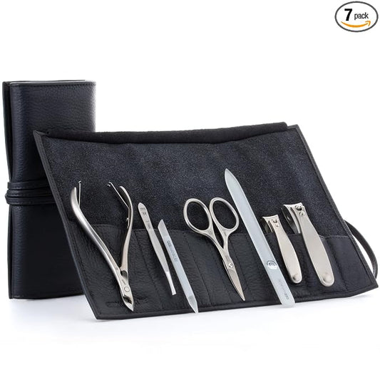 GERMANIKURE 7pc Manicure Set in Black Leather Case - FINOX Stainless Steel Tools Made in Germany, Glass Nail Care Supplies Made in Czech Republic – Professional Cuticle and Nail Care Kit