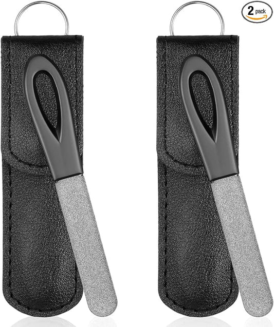 2 Pcs Keychain Nail File, Metal Nail Files with Leather Case, Double Sided Stainless Steel Nails File Round Sapphire Fine Grit Fingernail Files for Men Women Nails Daily Travel Carrying