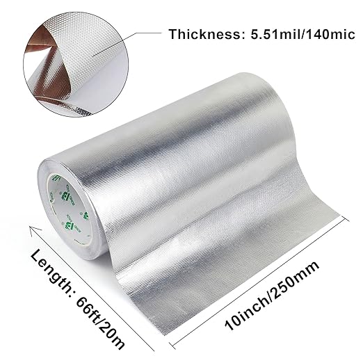 BOMEI PACK Adhesive Aluminum Foil Heat Shield Tape 10inch x 66ft Barrier, Fiberglass Thermal Insulation Reflective Material High Temp Protectionn,1 Pack
