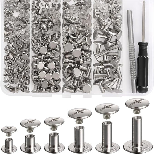YORANYO 140 Sets Chicago Screws Leather Rivets Kit for Fabric Leather Crafting 6 Sizes Chicago Binding Screws for Decorate and Repair Belt Bag Shoes Purse Pet Collar Clothing Bookbinding (Silver)