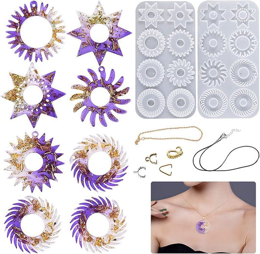 Yayatty Epoxy Resin Molds Kit, Gear Silicone Molds Geometry Pendant Jewelry Casting Resin Silicone Molds with Holes, Black Wax Rope and Pendant Buckle for Jewelry Making