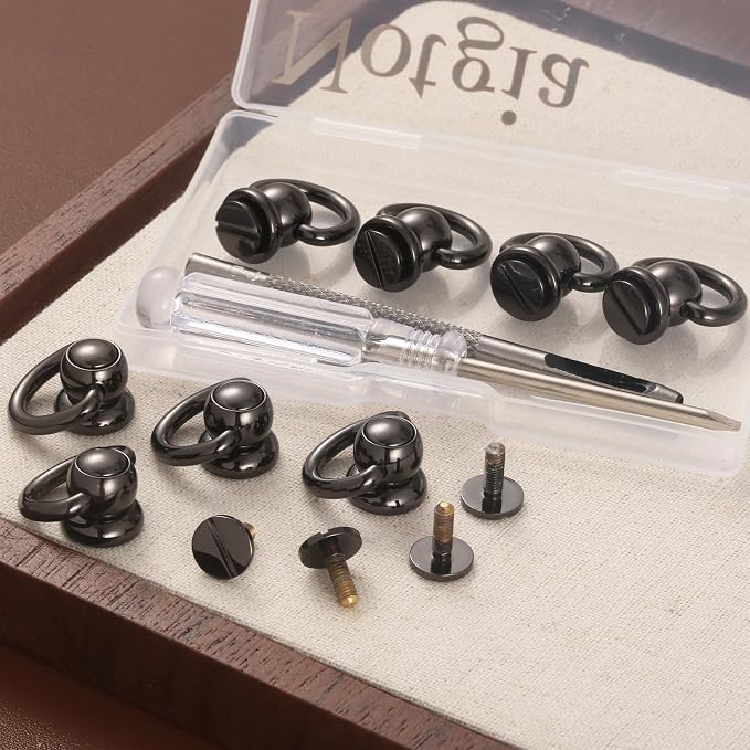 Notgia 4Pcs D Rings for Purse Brass Rivets for Leather Rotatable Purse Strap Hardware Ball Button Studs for Handbag D Rings Chicago Screws for Repair Purse Dog Collar Leather Crafts (Black)