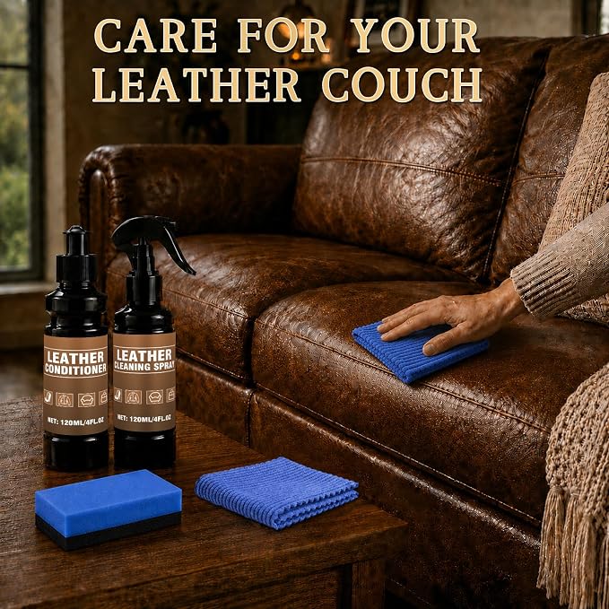 Leather Cleaner and Conditioner, Leather Cleaning Kit, Leather Conditioner, Cleans Stains, Restores Softness and Shine, Protects Cracking, for Car Seats, Sofa, Bags, 2 Bottles (4 oz Each)