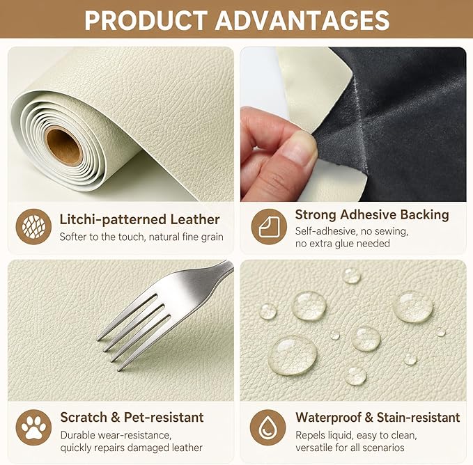 CHEIGHY Leather Repair Patch for Couches Advanced PU Self-Adhesive Leather Repair Tape kit for Furniture Sofa Vinyl Car Seats Couch Chairs Shoes Down Jackets (Beige, 17X79 inch)