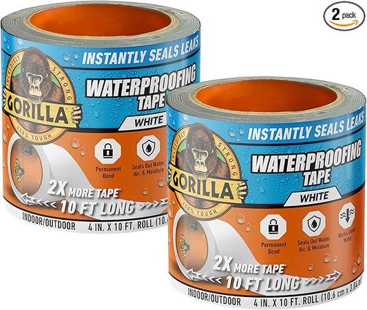 Gorilla Waterproof Patch & Seal Tape, White Tape, 4" x 10' (Pack of 2) - Permanent Weather Resistant Seal for Leaks and Repairs